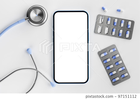 online doctor. app health phone mockup. get an online consultation from doctor by mobile phone. stethoscope and pills with cell phone on white background. doctor online consultation. 3d rendering 97151112