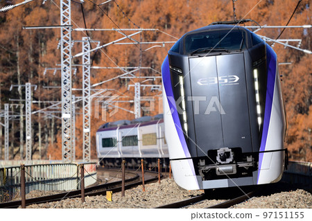 E353 series limited express Azusa running against the backdrop of the cypress forest in autumn colors 97151155