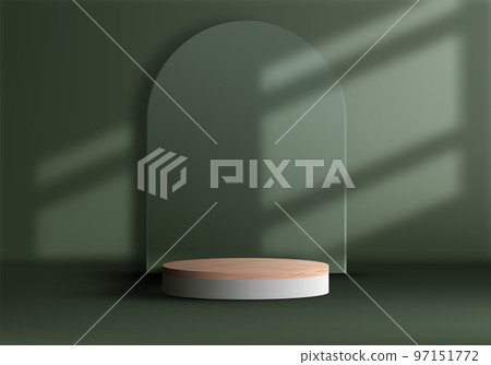 3D realistic empty wood grain top white podium pedestal stand on green backdrop 3D realistic empty wood grain top white podium pedestal stand on green backdrop 97151772