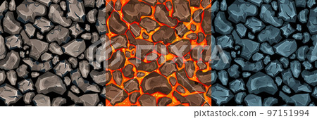 Lava, magma with stones in cartoon style seamless pattern background. Eruption effect, landscape. Texture, design 97151994