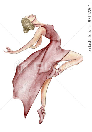 Watercolor dancing ballerina in pink dress. Isolated dancing ballerina. Hand drawn classic ballet performance, pose. Young  pretty ballerina women  illustration. Can be used for postcard and posters.  97152264