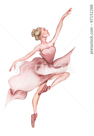 Watercolor dancing ballerina in pink dress. Isolated dancing ballerina. Hand drawn classic ballet performance, pose. Young  pretty ballerina women  illustration. Can be used for postcard and posters.  97152266