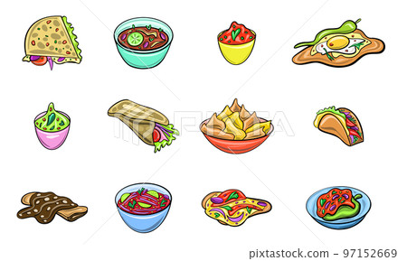 Vector Mexican set with favorite dishes in a cute cartoon style. Traditional mexican food in flat style. Tartilla, nachas, fajitos, salsa, chili. 97152669