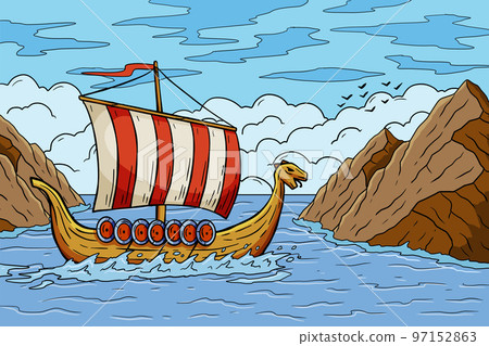 Viking boat at sea. Swedish warship. Longship with oars. Cartoon scandinavian sailboat. Nordic Drakkar Viking boat at sea. Swedish warship. Longship with oars. Cartoon scandinavian sailboat. Nordic Drakkar 97152863