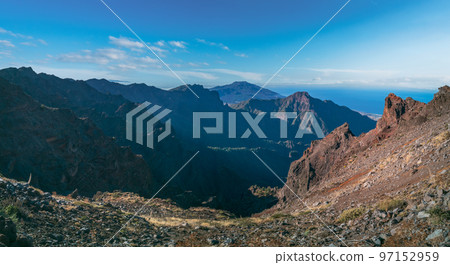 Taburiente caldera wide panorama at dawn with text space 97152959