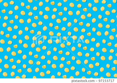 background made from Potato chips on light blue background flat lay. potato snack chips isolated Fast food banner. 97153717