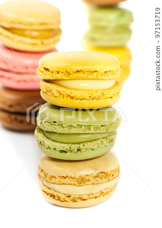 Macaron. Traditional french colorful macarons close up, macro isolated on white 97153719