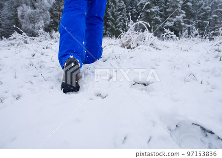 man hiking in winter forest by snow in hiking shoes boots. Winter hiking. 97153836