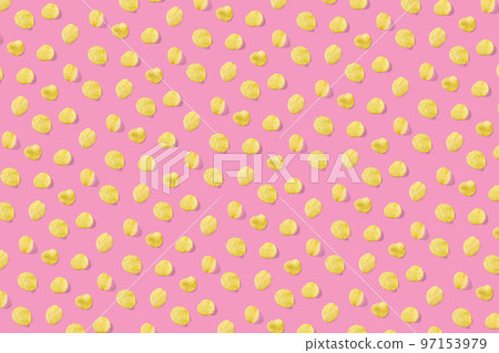 background made from Potato chips on pink background flat lay. potato snack chips isolated Fast food banner. 97153979