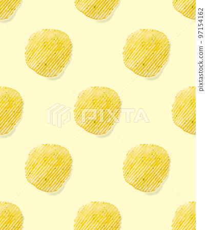 Seamless pattern made from Potato chips on yellow background flat lay. potato snack chips isolated Fast food banner. 97154162
