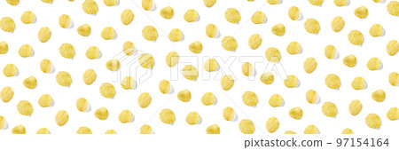 background made from Potato chips on white background flat lay. potato snack chips isolated Fast food banner. 97154164