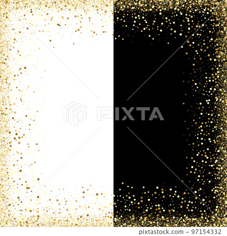 Gold glitter confetti frame for festive greeting card. Vector holiday template with sparkles on black background. 97154332