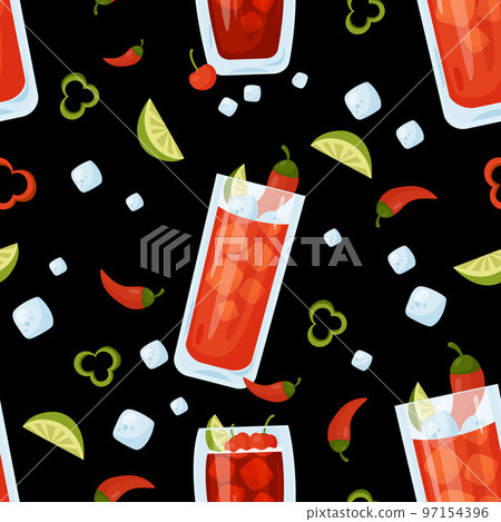 Seamless pattern with cocktails. Mexican Vampiro and Cherry limeade drinks in glass on black background with ice cubes, chili peppers and lime. Vector illustration. Pattern with latin american drinks Seamless pattern with cocktails. Mexican Vampiro and Cherry limeade drinks in glass on black background with ice cubes, chili peppers and lime. Vector illustration. Pattern with latin american drinks 97154396
