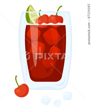 Mexican cocktail. Cherry limeade margarita. Latin American alcoholic drink in glass with ice cubes, cherries and lime. Vector illustration in cartoon style for design and decoration culinary themes 97154397