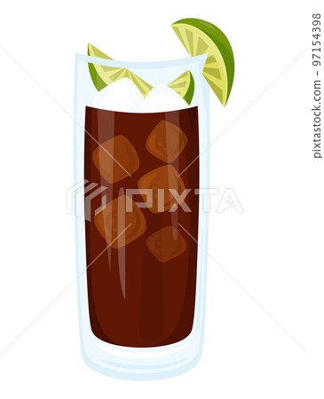 Mexican alcoholic cocktail Charro Negro. Latin American popular drink with tequila, ice cubes and lime pieces. Vector illustration in cartoon style for menu design and decoration, culinary themes 97154398