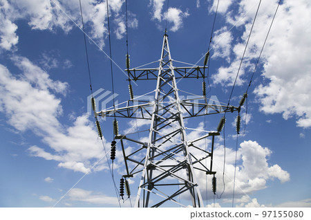 Electricity pylon (high voltage power line) on the background of the cloudy sky 97155080
