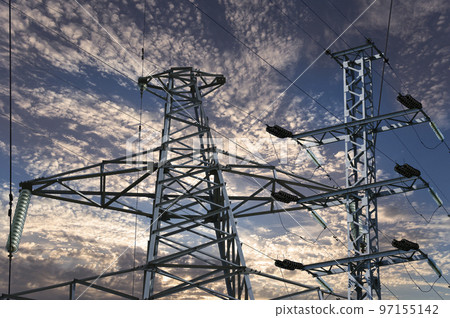 Electricity pylon (high voltage power line) against the background of a romantic evening sky 97155142