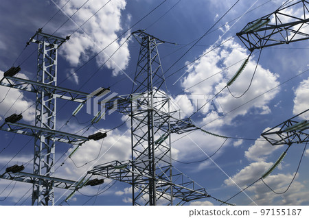 Electricity pylon (high voltage power line) on the background of the cloudy sky Electricity pylon (high voltage power line) on the background of the cloudy sky 97155187