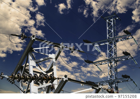 Electricity pylon (high voltage power line) against the background of a romantic evening sky 97155208