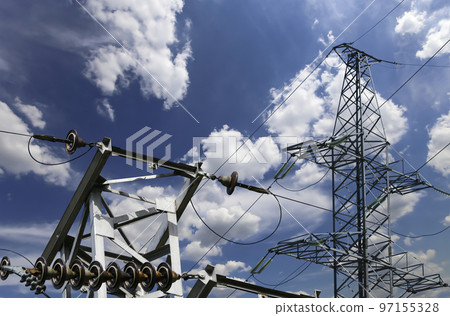 Electricity pylon (high voltage power line) on the background of the cloudy sky Electricity pylon (high voltage power line) on the background of the cloudy sky 97155328