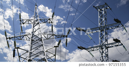 Electricity pylon (high voltage power line) on the background of the cloudy sky Electricity pylon (high voltage power line) on the background of the cloudy sky 97155355