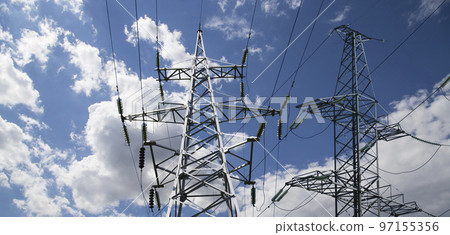 Electricity pylon (high voltage power line) on the background of the cloudy sky 97155356