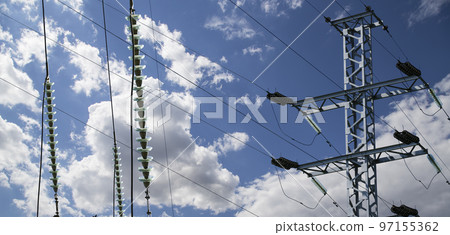 Electricity pylon (high voltage power line) on the background of the cloudy sky Electricity pylon (high voltage power line) on the background of the cloudy sky 97155362