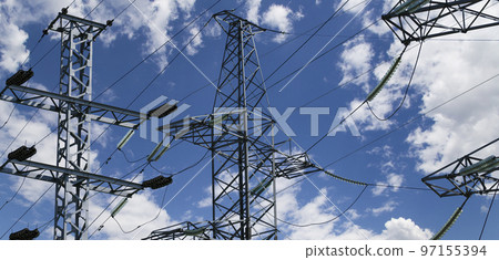 Electricity pylon (high voltage power line) on the background of the cloudy sky Electricity pylon (high voltage power line) on the background of the cloudy sky 97155394