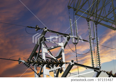 Electricity pylon (high voltage power line) against the background of a romantic evening sky 97155487