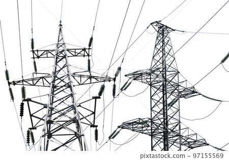 Electricity pylon (high voltage power line) isolated, on a white background Electricity pylon (high voltage power line) isolated, on a white background 97155569