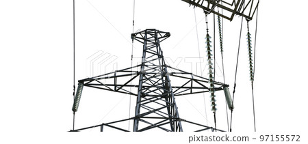 Electricity pylon (high voltage power line) isolated, on a white background 97155572