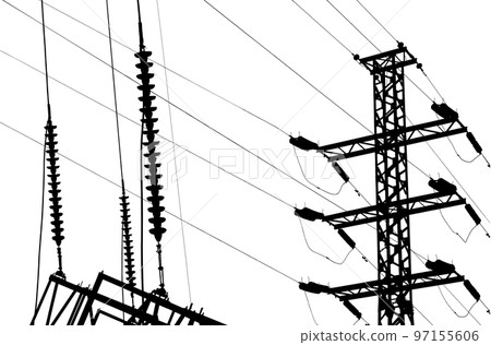 Electricity pylon (high voltage power line), black contour, isolated, on a white background Electricity pylon (high voltage power line), black contour, isolated, on a white background 97155606