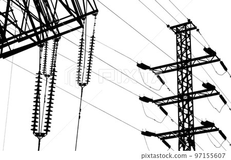 Electricity pylon (high voltage power line), black contour, isolated, on a white background 97155607
