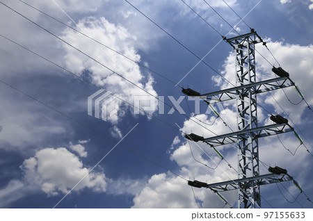 Electricity pylon (high voltage power line) on the background of the cloudy sky 97155633