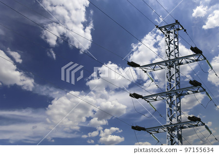 Electricity pylon (high voltage power line) on the background of the cloudy sky Electricity pylon (high voltage power line) on the background of the cloudy sky 97155634