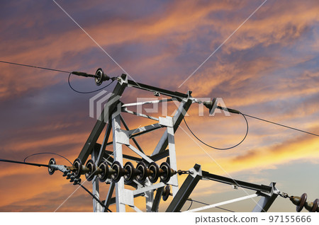 Electricity pylon (high voltage power line) against the background of a romantic evening sky 97155666