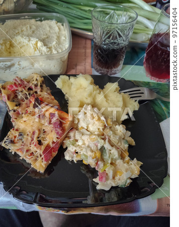 salad and pizza on a plate homemade food salad and pizza on a plate homemade food 97156404