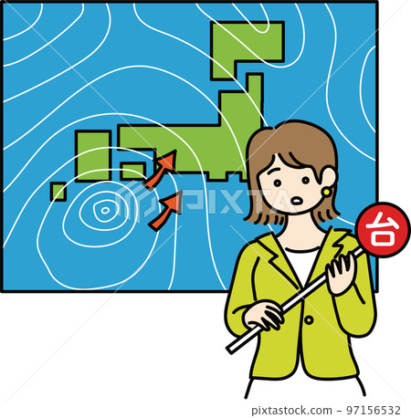 A weathercaster announcing a typhoon 97156532