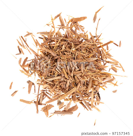 Catuaba bark isolated on white background. Trichilia catigua bark. Chuchuhuasha, Tatuaba, Pau de Reposta, Piratancara and Caramuru. Top view. Catuaba bark isolated on white background. Trichilia catigua bark. Chuchuhuasha, Tatuaba, Pau de Reposta, Piratancara and Caramuru. Top view. 97157345