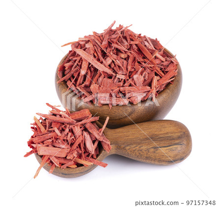 Red Sandalwood incense chips in wooden bowl and spoon, isolated on white background. Sanderswood, rubywood or red saunders. Red Sandalwood incense chips in wooden bowl and spoon, isolated on white background. Sanderswood, rubywood or red saunders. 97157348