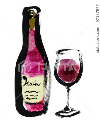 hand drawn japanese style illustration of wine bottle and glass 97157977