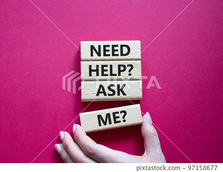 Need help ask me symbol. Concept words Need help ask me on wooden blocks. Beautiful red background. Businessman hand. Business and Need help ask me concept. Copy space 97158677