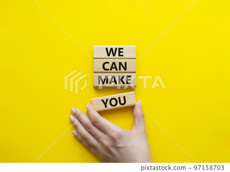 We can make you symbol. Concept words We can make you on wooden blocks. Beautiful yellow background. Businessman hand. Business and We can make you concept. Copy space. We can make you symbol. Concept words We can make you on wooden blocks. Beautiful yellow background. Businessman hand. Business and We can make you concept. Copy space. 97158703