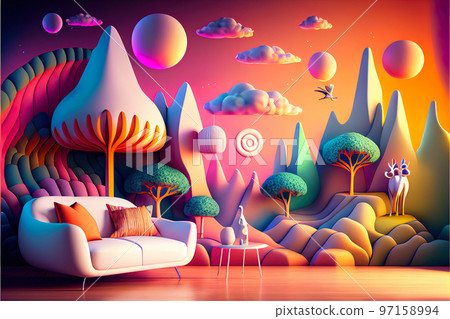 cozy modern creative interior with voluminous graffiti on the wall in the form of a fabulous portal 97158994