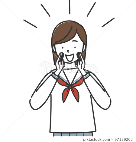 A female student who puts her hand on her mouth and shouts in a loud voice 97159203