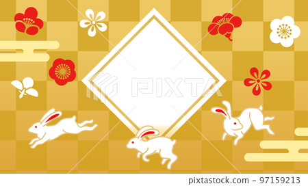 2023年新年銷售設計模板-三隻跳兔和帶複製空間的金色屏風背景 97159213