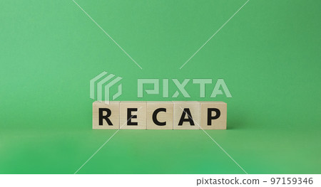 Recap symbol. Wooden cubes with word Recap. Beautiful green background. Recap concept. Copy space. 97159346