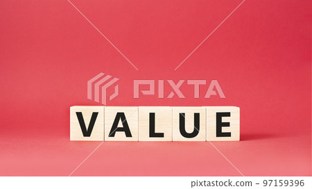 Value symbol. Concept word value on wooden cubes. Beautiful red background. Business and value concept. Copy space. 97159396