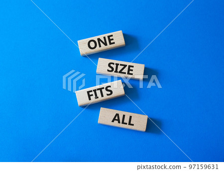 One size fits all symbol. Concept words One size fits all on wooden blocks. Beautiful blue background. Business and One size fits all concept. Copy space. One size fits all symbol. Concept words One size fits all on wooden blocks. Beautiful blue background. Business and One size fits all concept. Copy space. 97159631