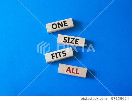 One size fits all symbol. Concept words One size fits all on wooden blocks. Beautiful blue background. Business and One size fits all concept. Copy space. One size fits all symbol. Concept words One size fits all on wooden blocks. Beautiful blue background. Business and One size fits all concept. Copy space. 97159634